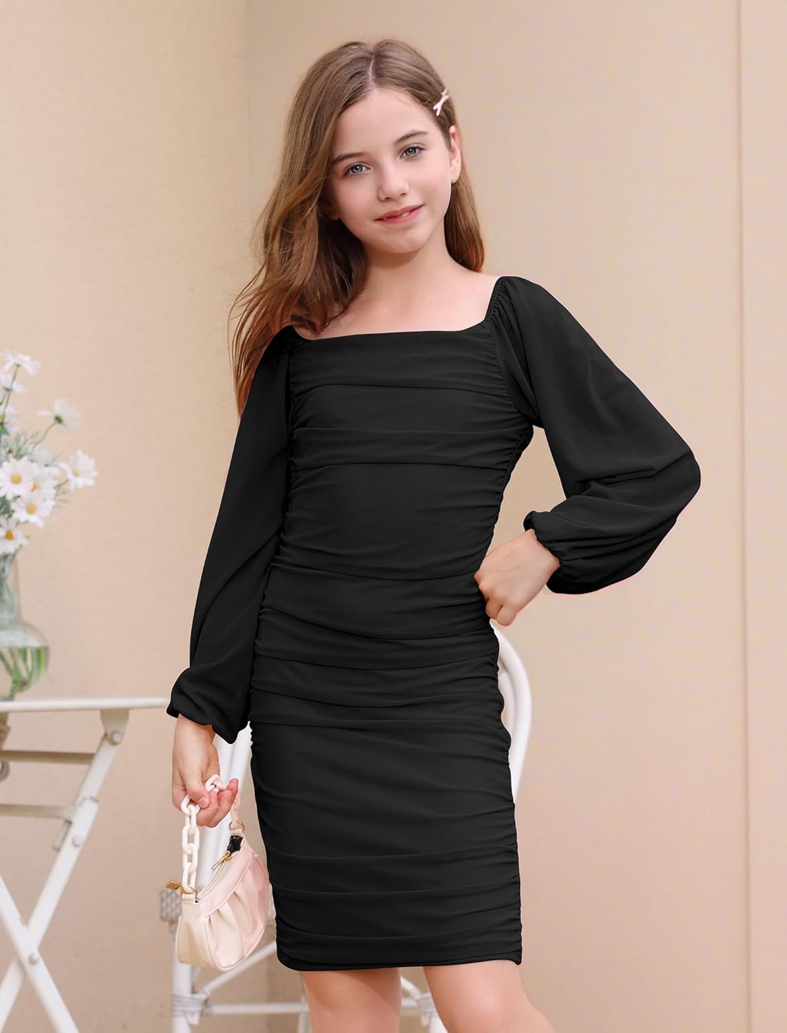 IBTOM CASTLE Girls Mesh Long Sleeve Ruched Bodycon Dress Teen Homecoming Dance Party Formal Prom Cocktail Dresses - Image 5