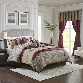 Madison Park Neyson Comforter Faux Silk-Traditional Luxurious Jacquard Design All Season Set, Matching Bed Skirt, Decorative Pillows, and Curtains, Valance, Queen, Red Medallion 12 Piece