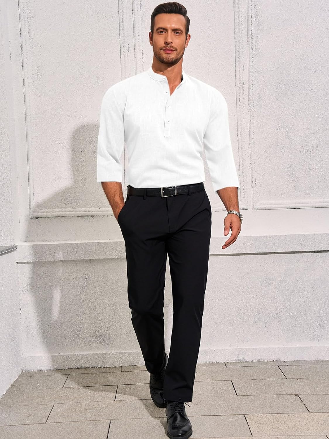 Runcati Mens Linen Henley Shirts Casual Lightweight 3/4 Sleeve T-Shirt Summer Beach Yoga Hippie Tops - Image 4