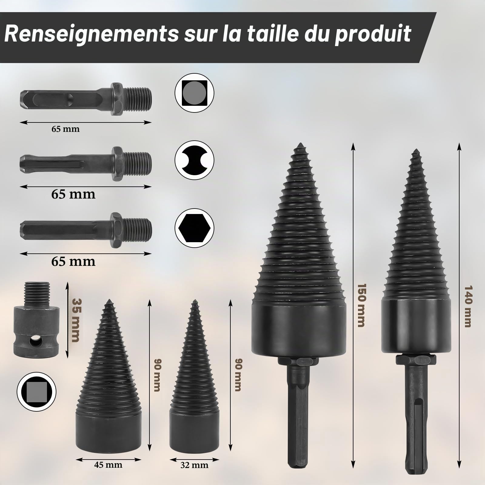 Fendeur de Bûche Cône 32mm 42mm Mèche pour Fendre le Bois Foret à Bois