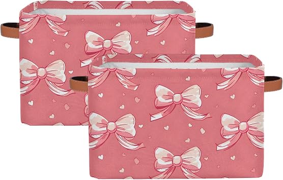 Pink Bowknot Storage Bins Basket, Red Bow Tie Collapsible Rectangle Storage Box ,With Handles Toy Organizer Bin ,for Shelf Closet/Home/Bedroom/Kids Room/Laundry Room ,2pack