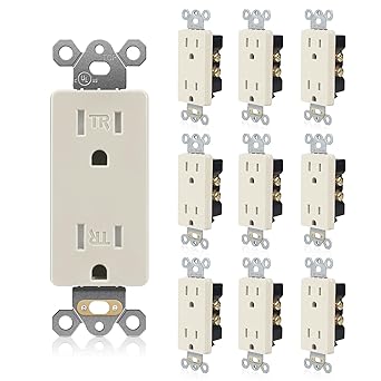 TOPELER 10 Pack Decorator Receptacle, 15A 125V Standard Electrical Tamper Resistant Wall Sockets, Self-Grounding, 2-Pole, 3-Wire, NEMA 5-15R, UL Listed, Light Almond