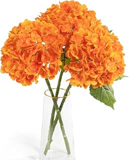 Fall Decor,3 Pcs Orange Hydrangea Artificial Flowers Latex Real Touch Faux Hydrangeas Lifelike Fake Hydrangea Flowers for Wedding Bouquet Party Table Centerpieces Outdoor Home Decor