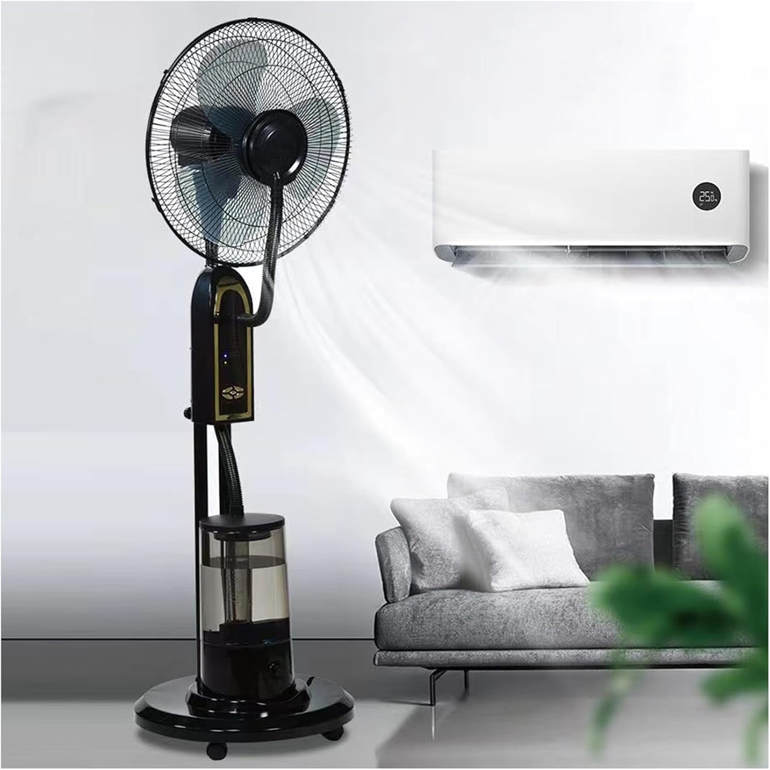 Remote Control Operation / 4.3ft Misting Fan / 5-7 Fan Blades / 4 Casters For Easy Mobility / 3-Speed Wind Speed Adjustment/Convenient Operation Panel / 4l Water Tank With Ice