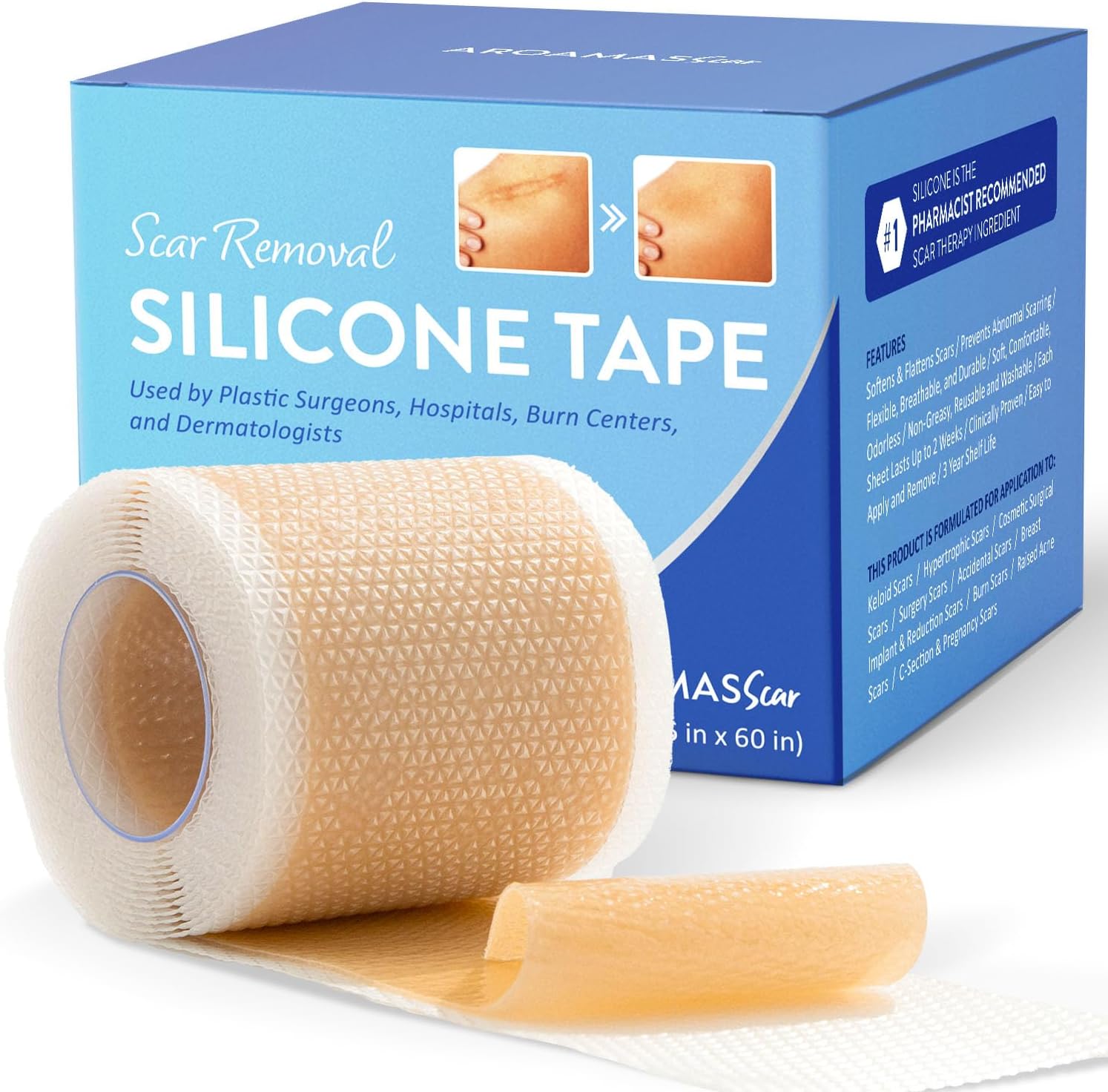 Aroamas Scar Silicone Scar Sheets – Silicone Scar Tape – 1.6"x60" for Softening and Flattening Scars, C-Section, Keloid, Surgery – Reusable & Washable – Painless Removal – 3-4 Month Supply