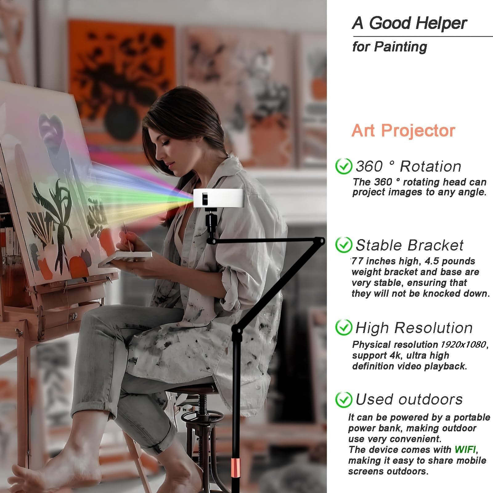 Tragbarer LED-Kunstprojektor zum Nachzeichnen und Zeichnen, Skizzierer-Zeichenprojektor mit Ständer für Künstler, unterstützt iOS und Android