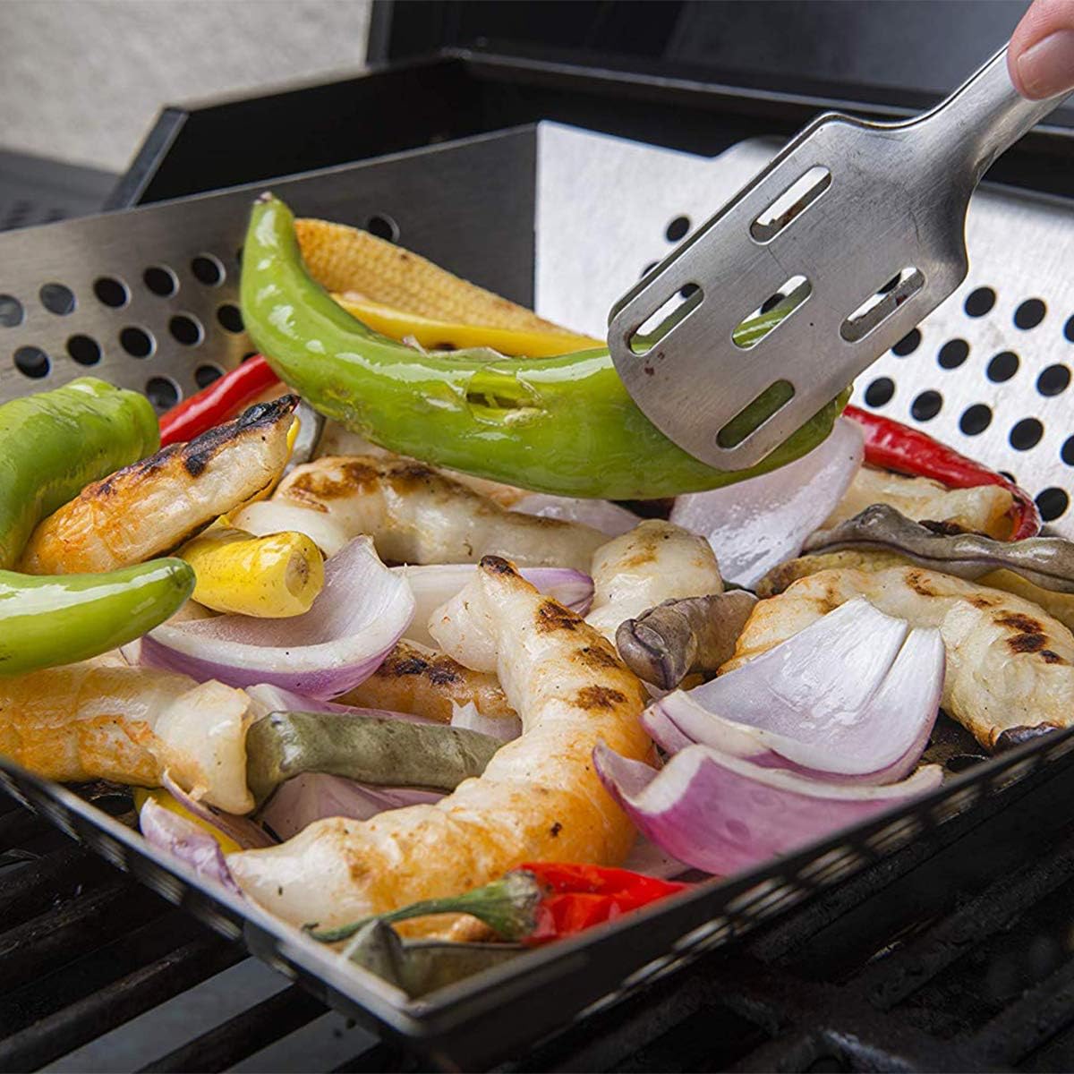Ranphykx Vegetable Grill Basket - BBQ Grilling Basket (Large 12"x12"x3") for Veggies, Kabobs, Seafood, Meats - Stainless Steel