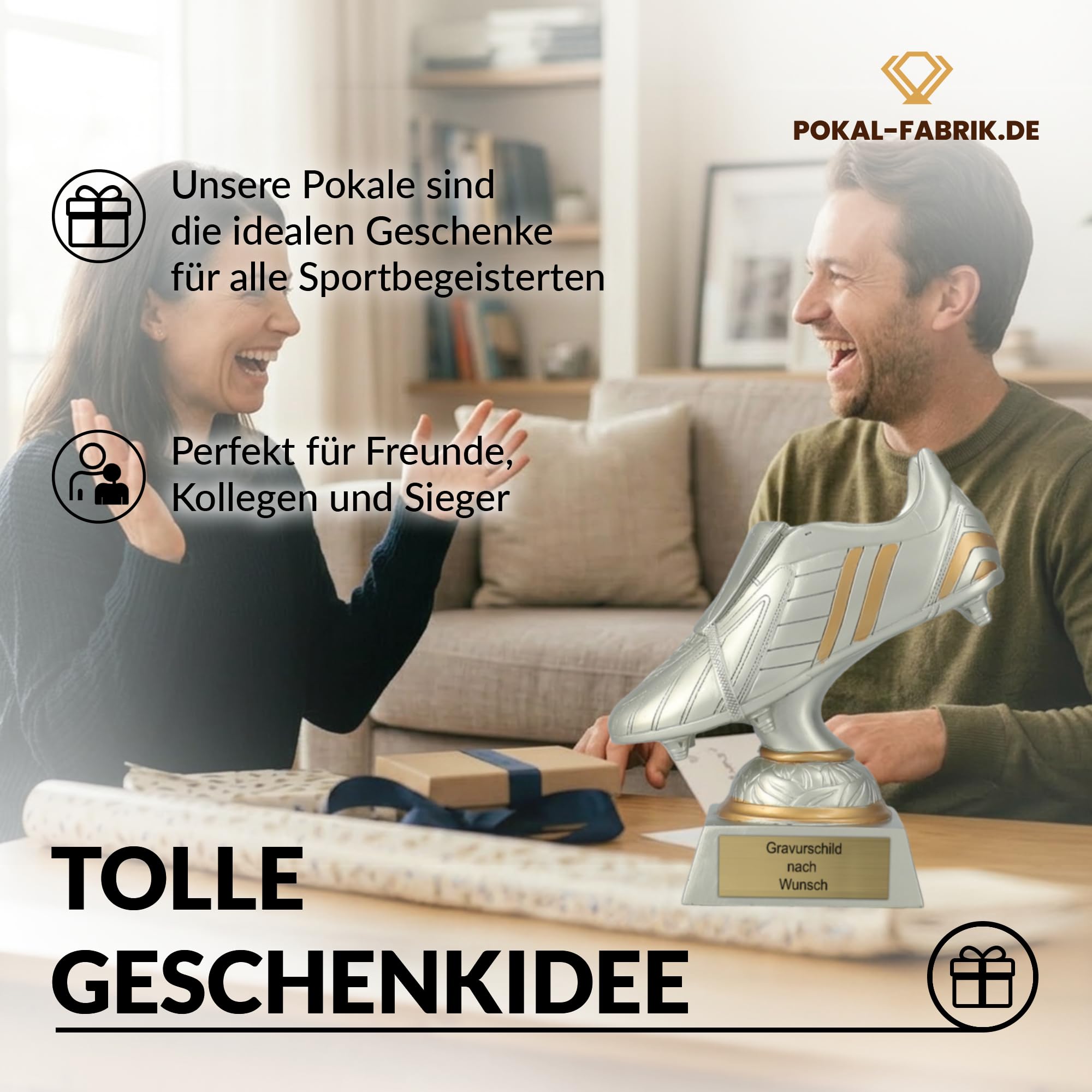 Pokal-Fabrik - Pokal mit Gravur Wunschtext - 17 cm Resin Gold/Silber Sportfigur Fussball-Schuh – Geschenk-Trophäe für Fußball WM, Sport Events & Wanderpokal - Torschütze