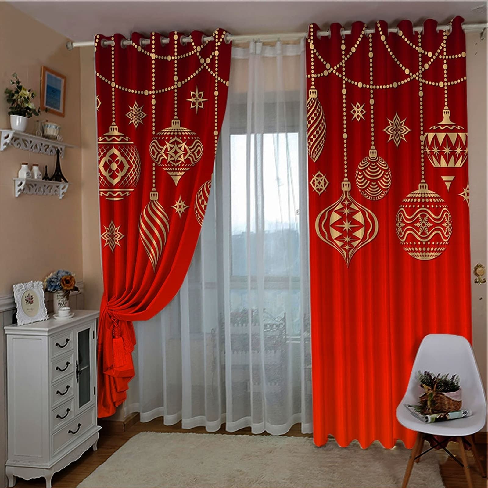 Dekoracje latarnia bombki bożonarodzeniowe zasłona zaciemniająca sypialnia, para zasłon 2 panele, szer. 107 cm x dł. 183 cm