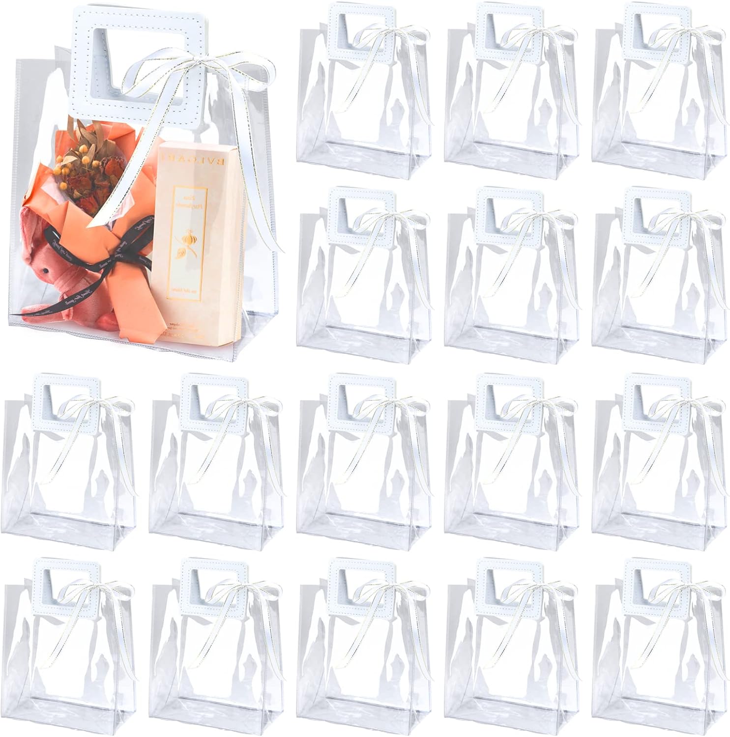CZWESTC 16 Pack 7 x 8 x 4 Clear Plastic Gift Bags with Handle,Reusable Transparent
