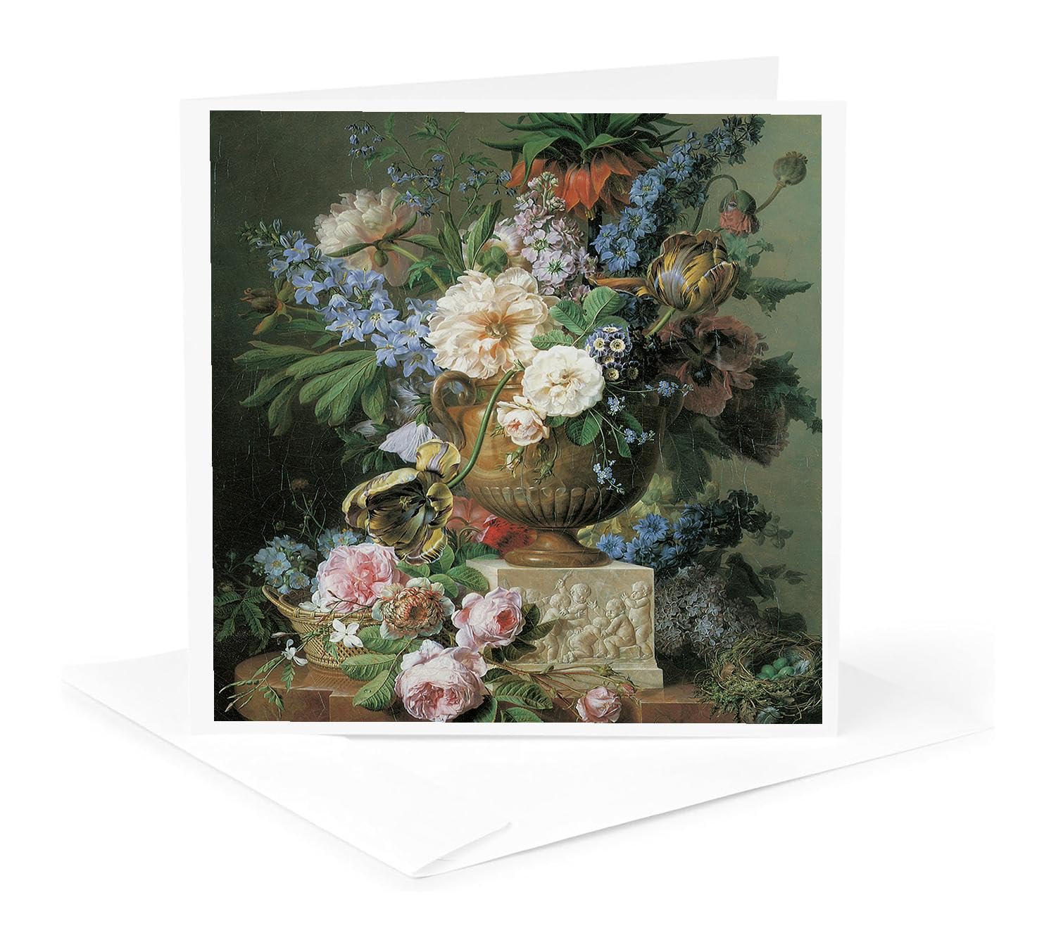 3dRose Greeting Card - Flowers in an Alabaster Vase with a Birds Nest by Gerard Van Spaendonck - BLN Flower Paintings Fine Art Collection