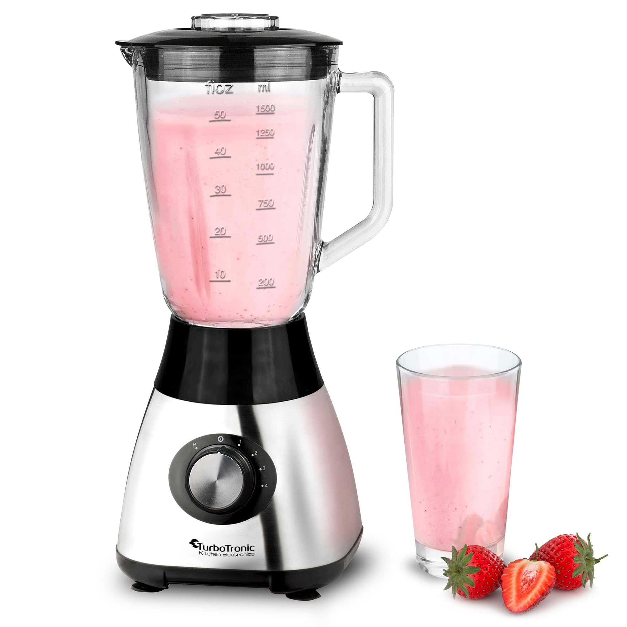 TurboTronic Standmixer mit 1,5L Glasbehälter 1200W Edelstahl silber, Smoothie Maker, Ice Crush Funktion, Blender