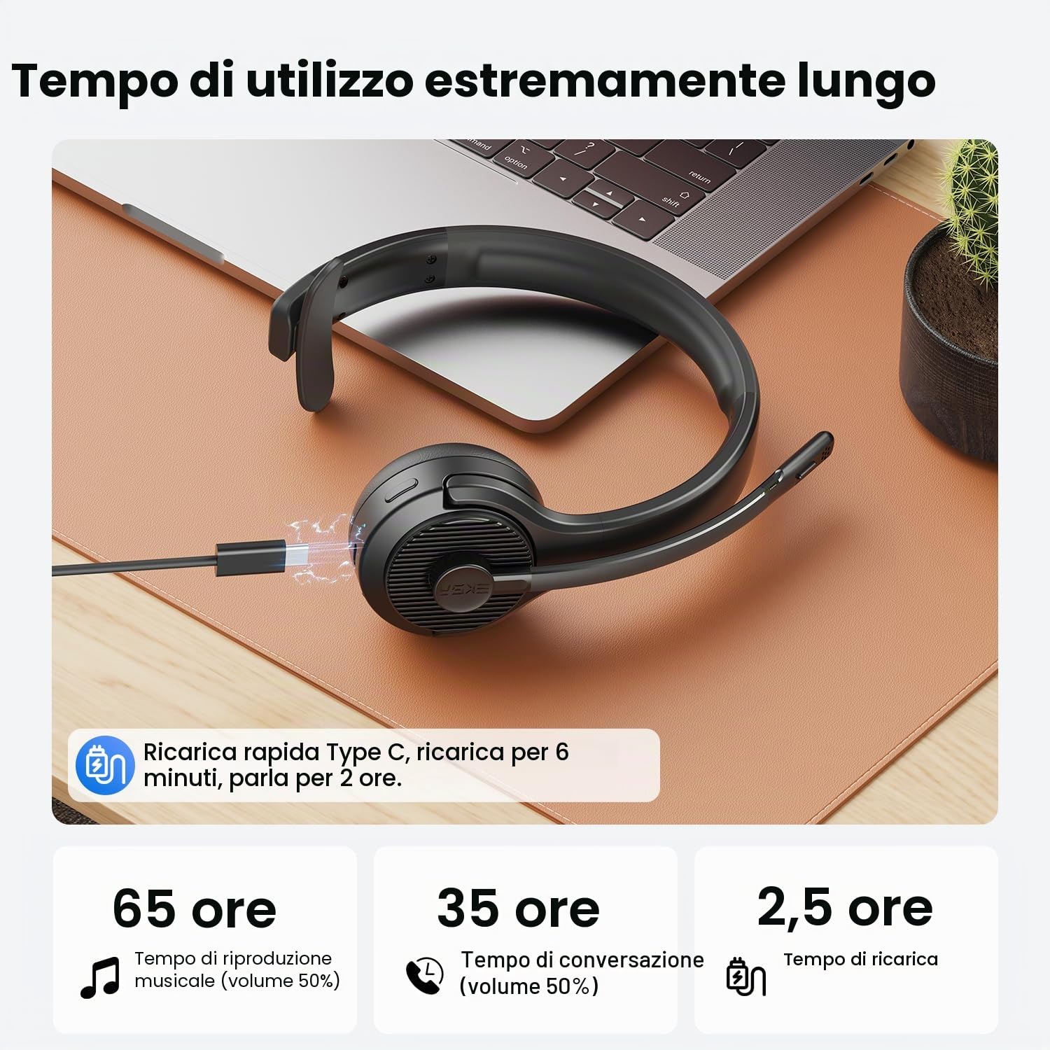 EKSA H3 Cuffie Bluetooth [65 Ore e Portata di 30M], Cuffie Mono per PC con Microfono e Riduzione del Rumore, Cuffie Wireless Bluetooth 5.4 aggiornate per Ufficio/Team