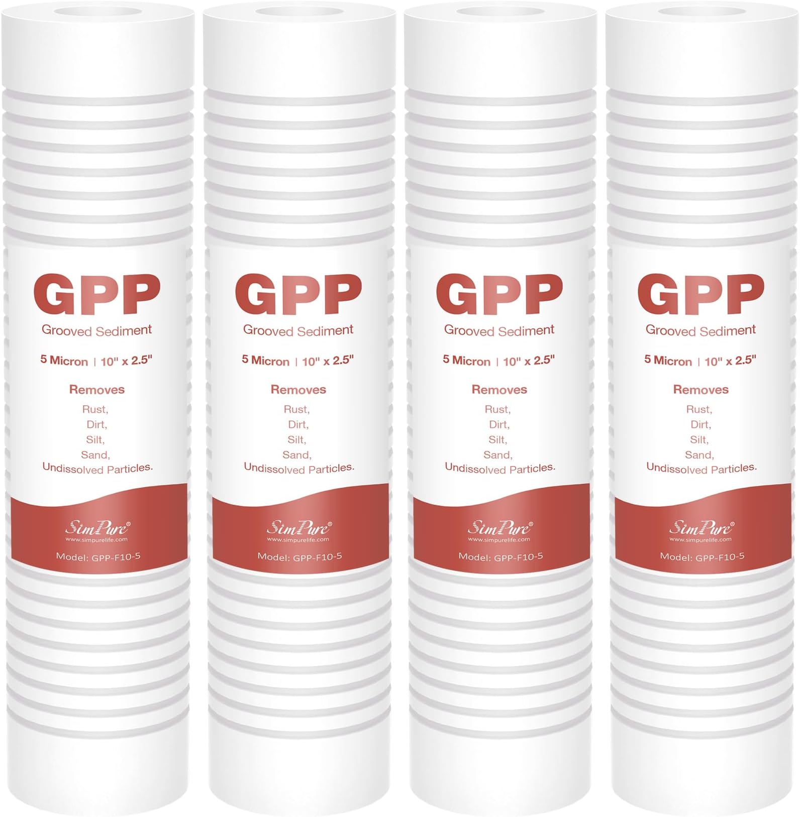 SimPureGrooved Sediment Water Filter Cartridge, 5 Micron Whole House Water Filter Universal Replacement 10"x2.5" for 10 inch RO Unit, Whole House Under-Sink Filtration System (4 Pack)