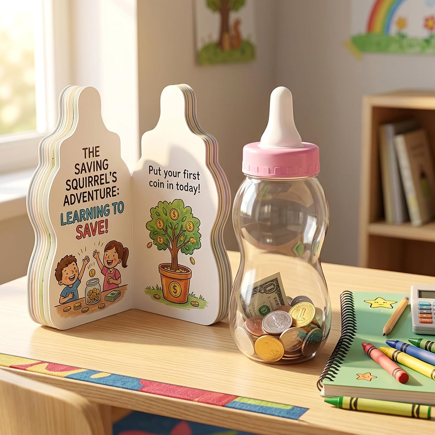 2 Pcs Baby Bottle Piggy Bank, 11 inch Bottle for Shower Game, Large Large, Clear Plastic Coin Saving Box for Kids Nursery Decor Shower Games, Pink