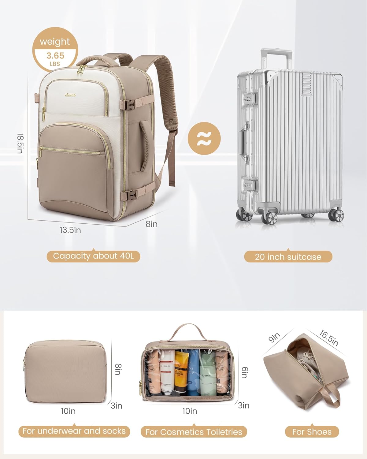 LOVEVOOK Travel Essentials Carry on Backpack 40L Travel Backpack for Women Men,Waterproof TSA Personal Item Travels Bag Airline Flight Approved,Large Carry on Luggage Laptop Backpack with Packing Cube - Image 6