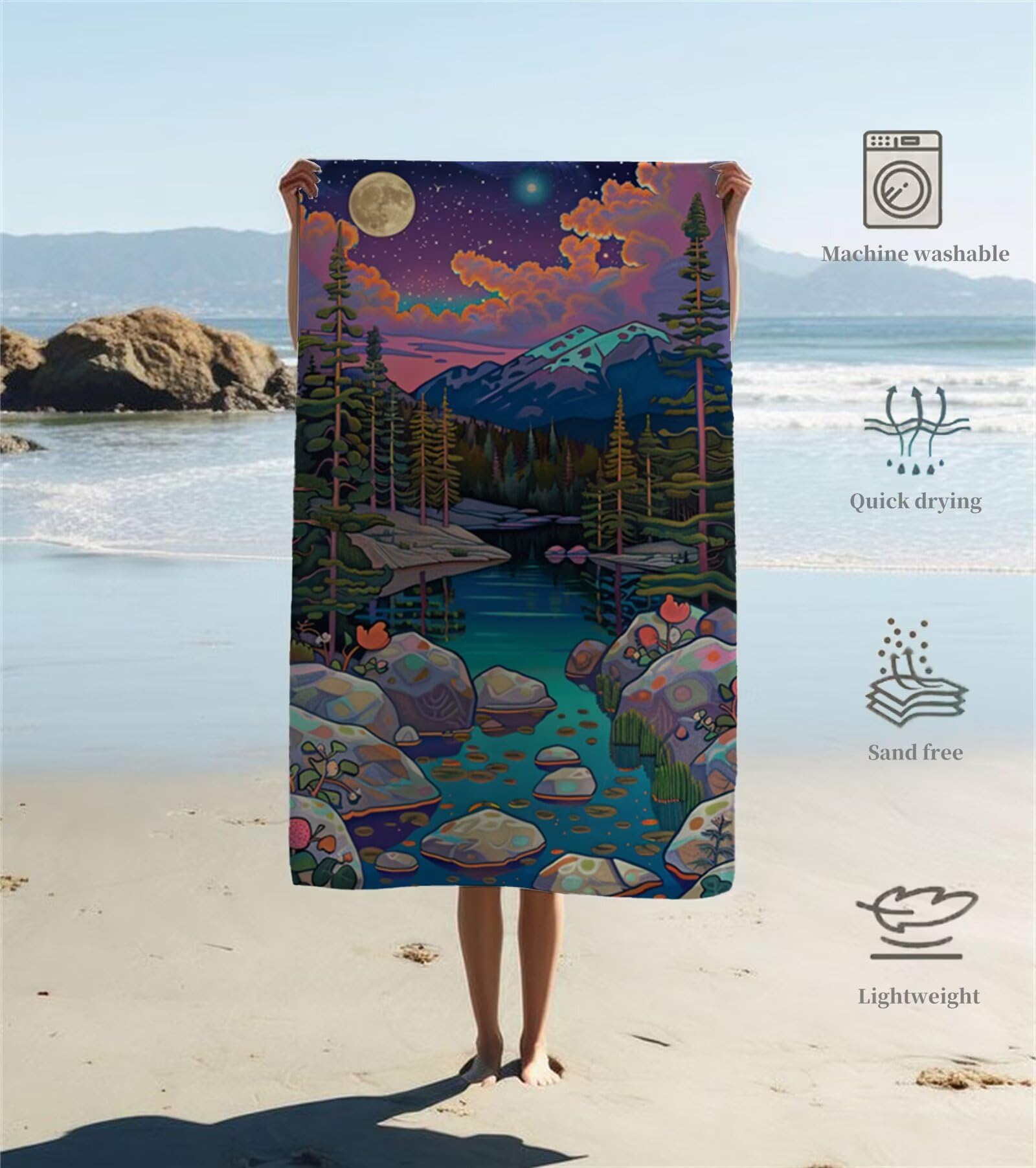 Strandtuch Sternenhimmel Mond Mikrofaser Handtuch Groß 220 x 100 cm, Saunahandtuch Schnell Trocknendes, Sandfreie Stranddecke, Saugfähiges Badetuch, Platzsparende Reisehandtuch, Sauna Zubehör Y1-951