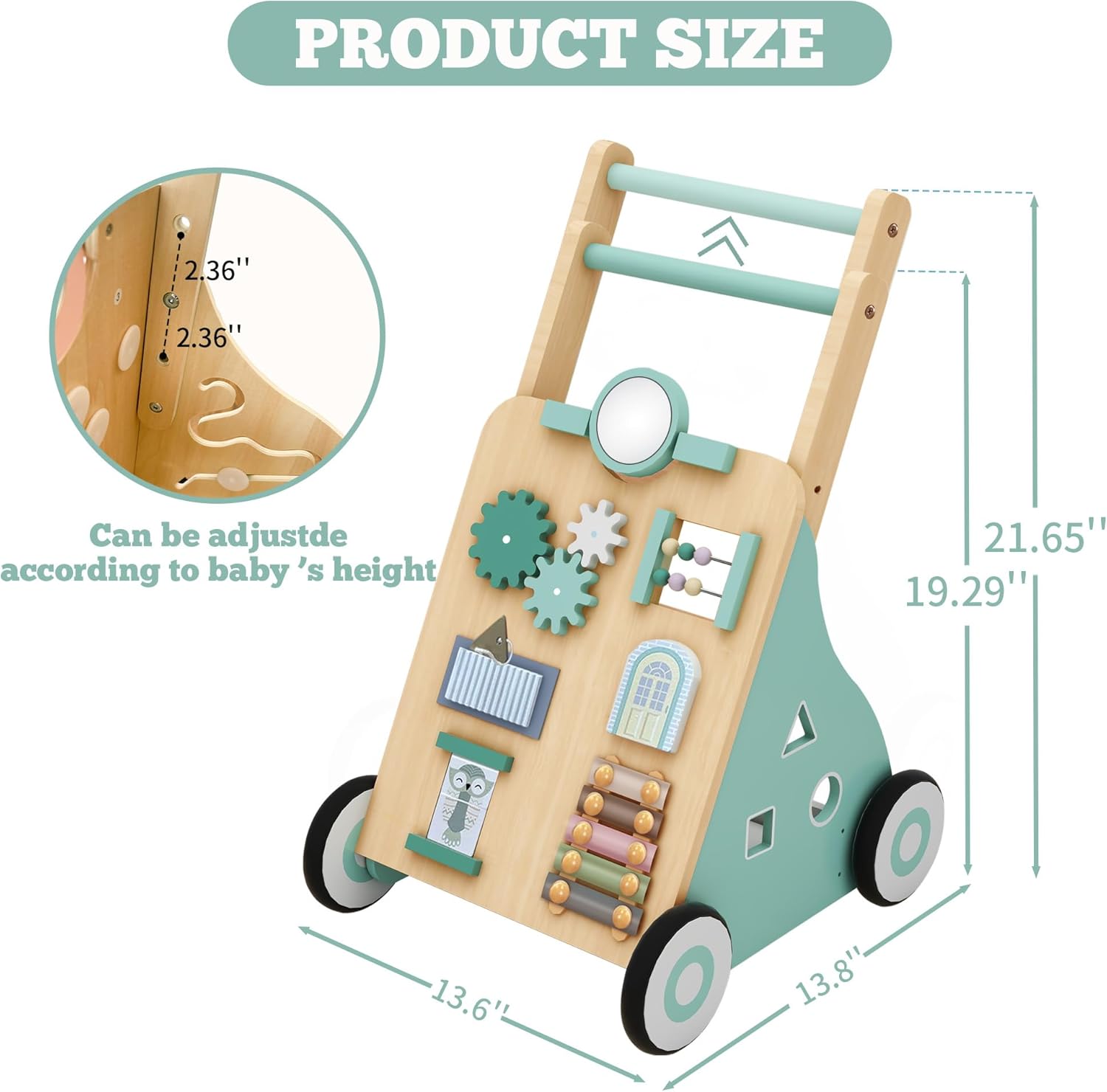 Baby Walker with Wheels, Wooden Baby Walker Push Toy Adjustable Height and Speed Montessori Walker Multiple Learning Activity Walker for Boys Ages 9+ Months, Green