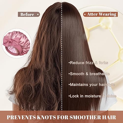 Miniatura 4 de Gorro de satén para dormir, gorro de doble capa con banda elástica para cabello rizado (pasta de frijoles + rosa)