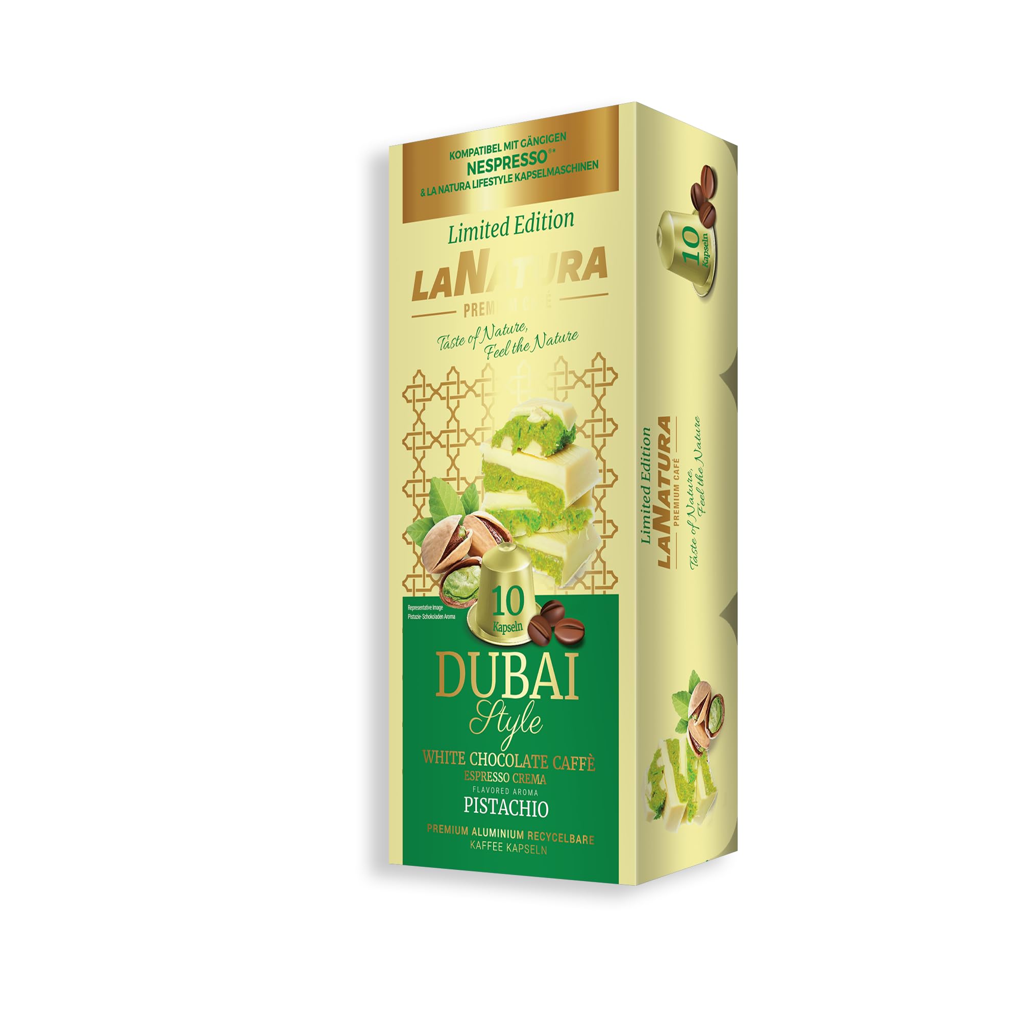 La Natura Lifestyle Dubai Weiße Schokolade Kaffeekapseln – 110 Stück, Aluminium Kapseln, cremig-süßes Aroma, kompatibel mit Nespresso Original Line Maschine