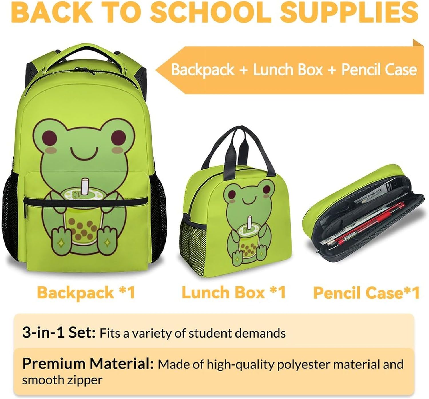 Frog Backpack with Lunch Box and Pencil Case, 16 Inch Frog Theme Bookbag with Adjustable Straps, Durable, Lightweight, Large Capacity, School Backpack for Girls Women