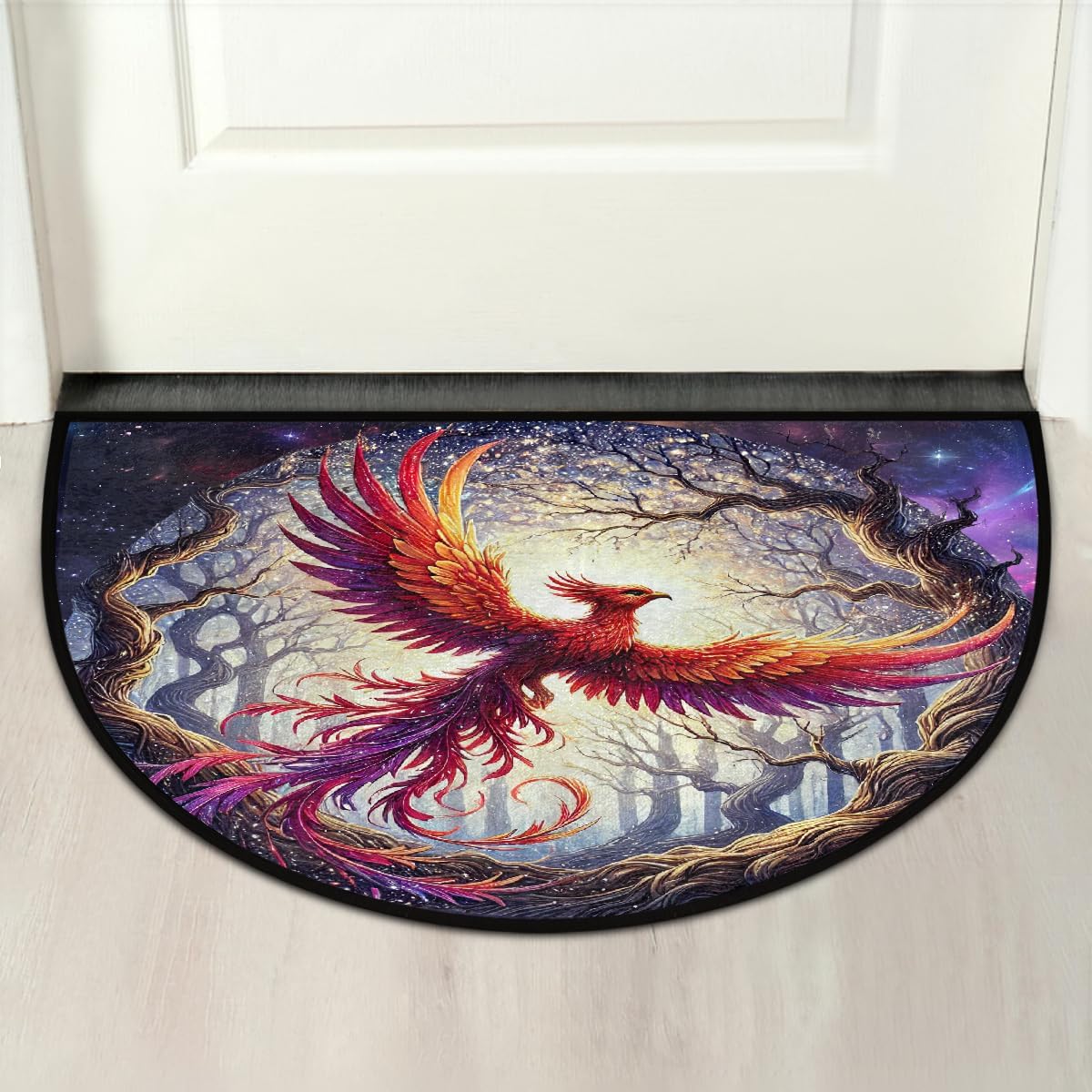 Half Round Door Mat Purple Galaxy Phoenix Animal Half Moon Rug Washable Phoenix Forest Half Circle Area Rugs Indoor Entrance Non Slip Semi Circle Bathroom Rugs for Kithen Bedroom Fireplace Decor