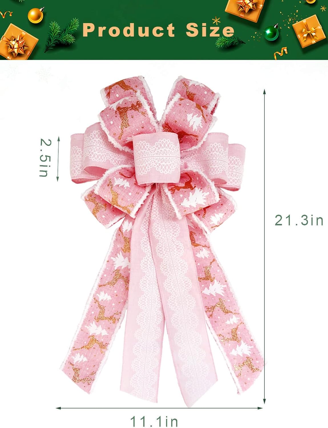 Christmas Tree Topper Bows, Handmade Bowknot with Christmas Tree and Reindeer, 21.3x11.1 Inches Large Size Xmas Decoration for Wedding Birthday New Year Party (Pink) - Image 2