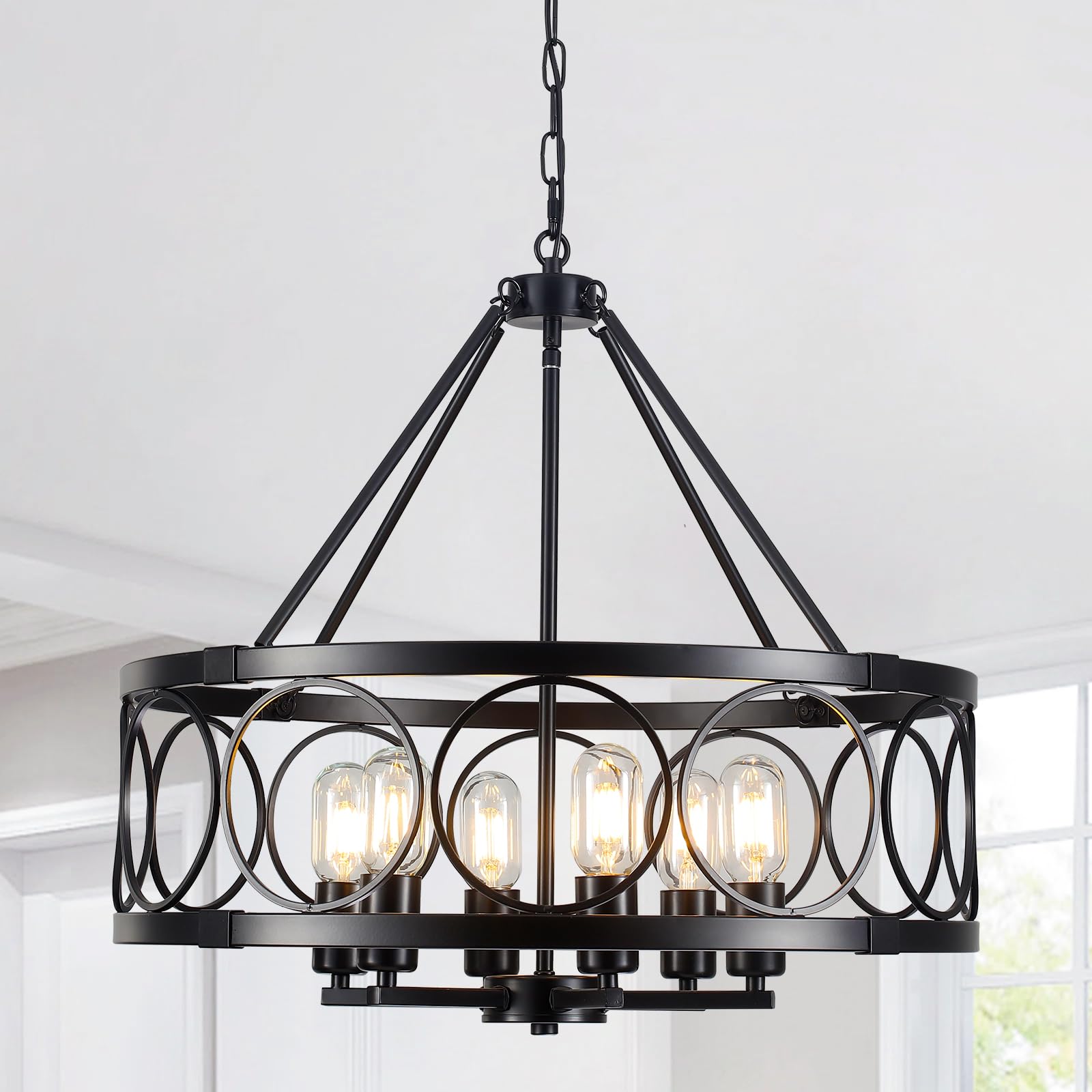 Black Farmhouse Chandelier 6 Lights, 22.5" Modern Chandeliers for Dining Room Light Fixture Adjustable Chain Industrial Drum Hanging Chandelier