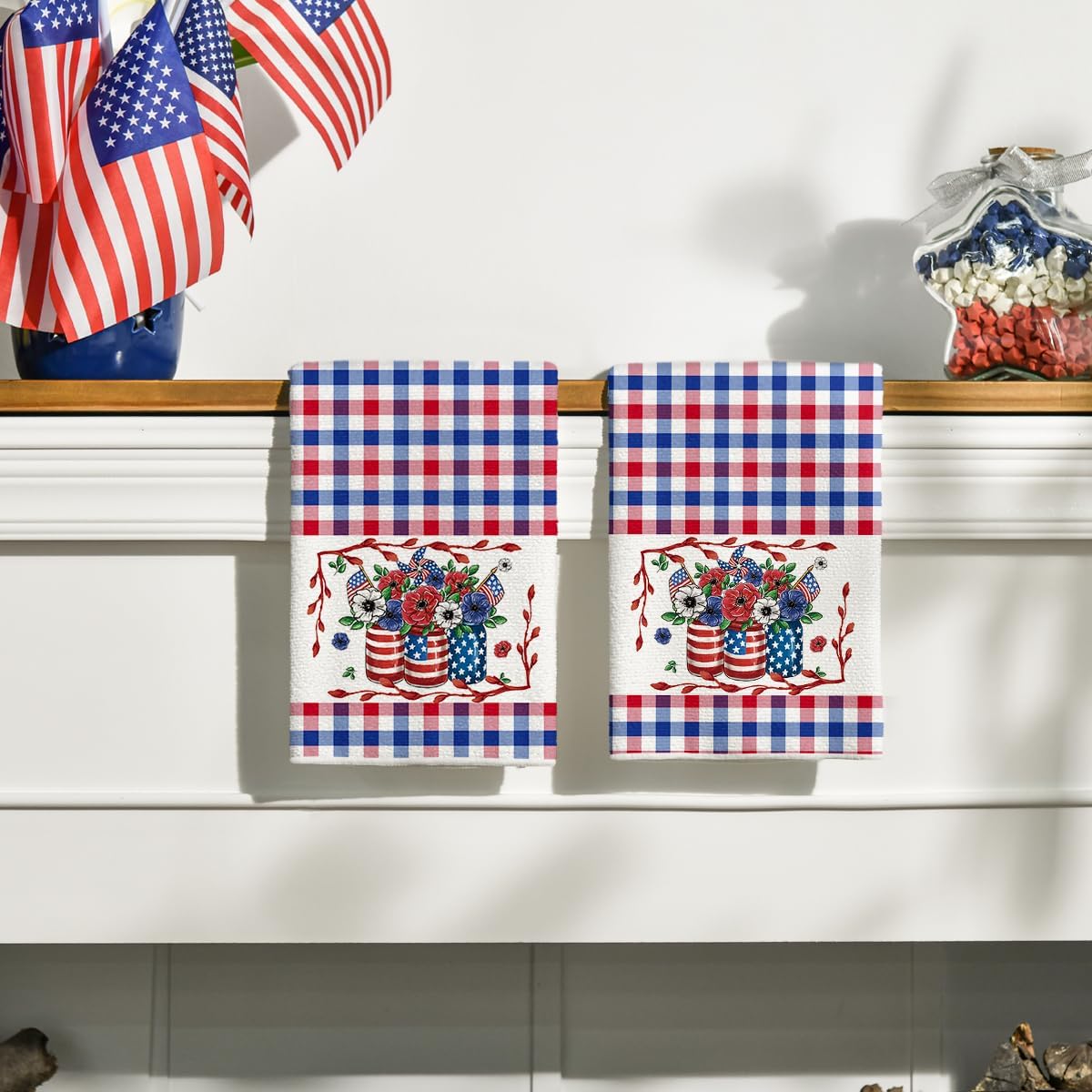 Artoid Mode Colorful Checkered Vase Floral 4th of July Kitchen Towels Dish Towels, 18x26 Inch Independence Day Decoration Cleaning Set of 2