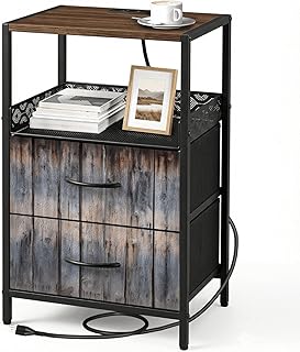 Night Stand with Charging Station Bedside Table with 2 Fabric Drawers Grey barn wooden wall planking texture hardwood dark weathered timber Bedroom Nightstand with USB Ports & Outlets Open Shelf Black