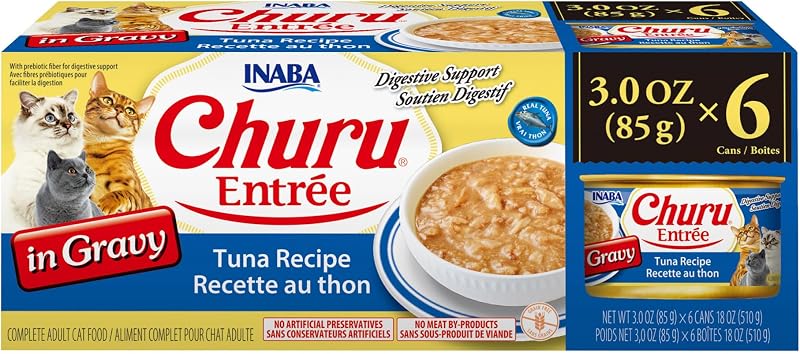 Ração úmida para gatos INABA Churu Entrée em molho, atum, pacote com 6 latas de aproximadamente 85 g