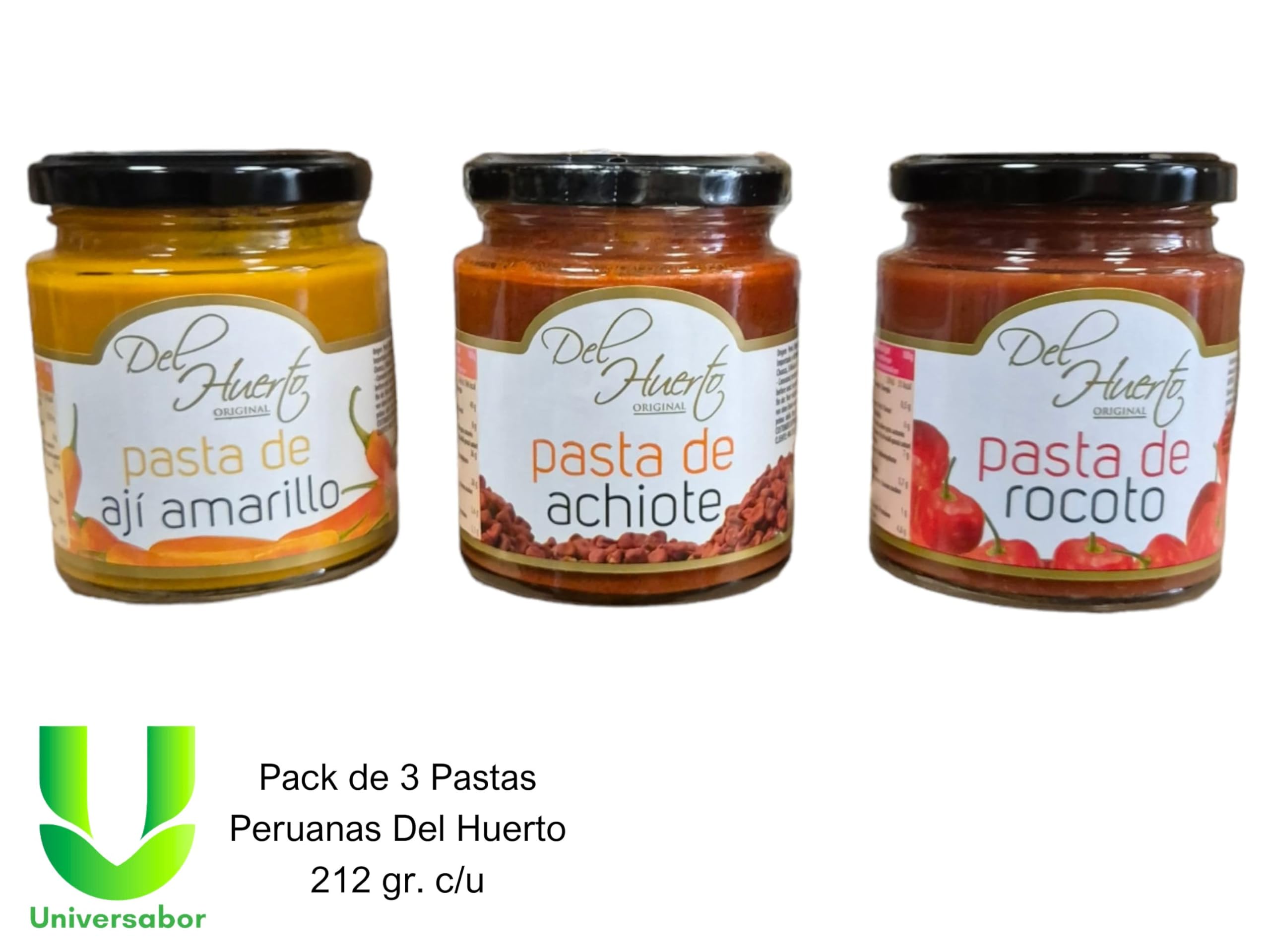 Pack de 3 Pastas Del Huerto - Aji Amarillo, Achiote y Rocoto - ¡Descubre la Auténtica Cocina Peruana! 212 gr por Frasco"