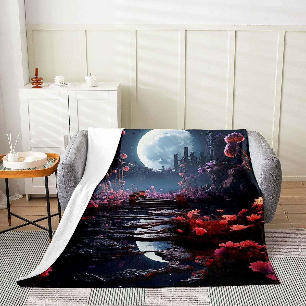 Starry Moon Fleece Blanket,Mystic Neon Red Sky Galaxy Glitter Bed Blanket for Kids Teens,Nature Mount Psychedelic Flannel Blanket for Room Decor,Queen 90"x90"