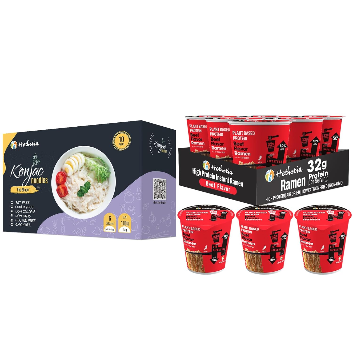 Hethstia Vegan Pho Konjac Noodle & High Protein Spicy Beef Ramen Bundle – Low Carb Shirataki Pho, 6-Pack 32g Plant Protein Spicy Beef Ramen Cups, Keto, Gluten-Free, Non-GMO, Healthy Instant Meal