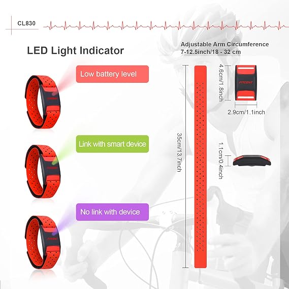 FITCENT Heart Rate Monitor Armband, Bluetooth ANT+ Optical Heart Rate Sensor Arm Band, Rechargeable Fitness Tracker for Peloton Strava Zwift Polar Beat DDP Yoga Wahoo Fitness (Red)