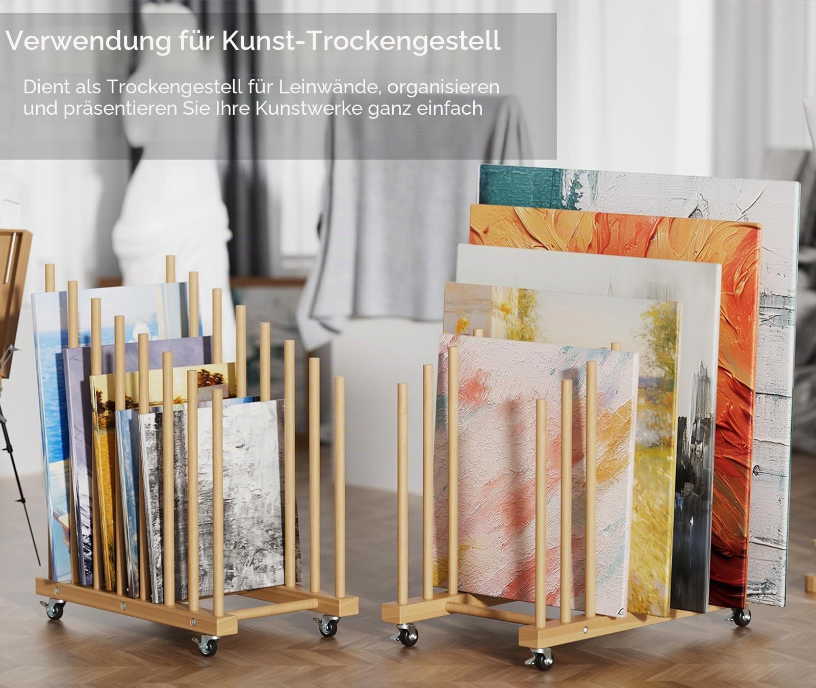 Kunst-Aufbewahrungsregal mit Rollen, Kunsttrockengestell, Holzaufbewahrungsständer für Leinwandaufbewahrung, Zeichenbrett-Aufbewahrungsregal, Drucksachen, Papierblock für Kunststudio, Galerie,