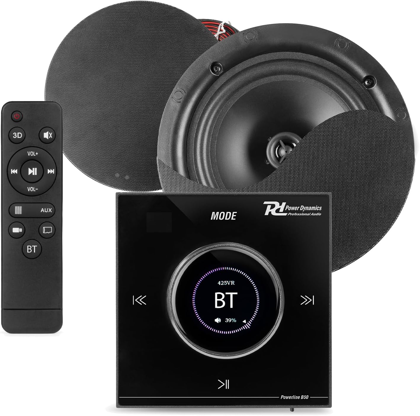 Powerline B50B Bluetooth Ceiling Speaker Kit, 2x NCSS6B 6.5” Black Speakers, In-Wall LCD Amplifier & Speaker Cable, Complete Wireless Home Audio System for Flush Ceiling Install