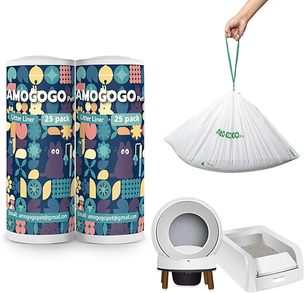 AMOGOGOPET 50 Pack Waste Bin Liners, Compatible with PetSafe Clumping & SmartSpin & KYKY S6 Automatic Litter Box, Large Capacity Litter Bags, Sturdy, Leak-proof Thick Drawstring Waste Bags, 23" x 12"