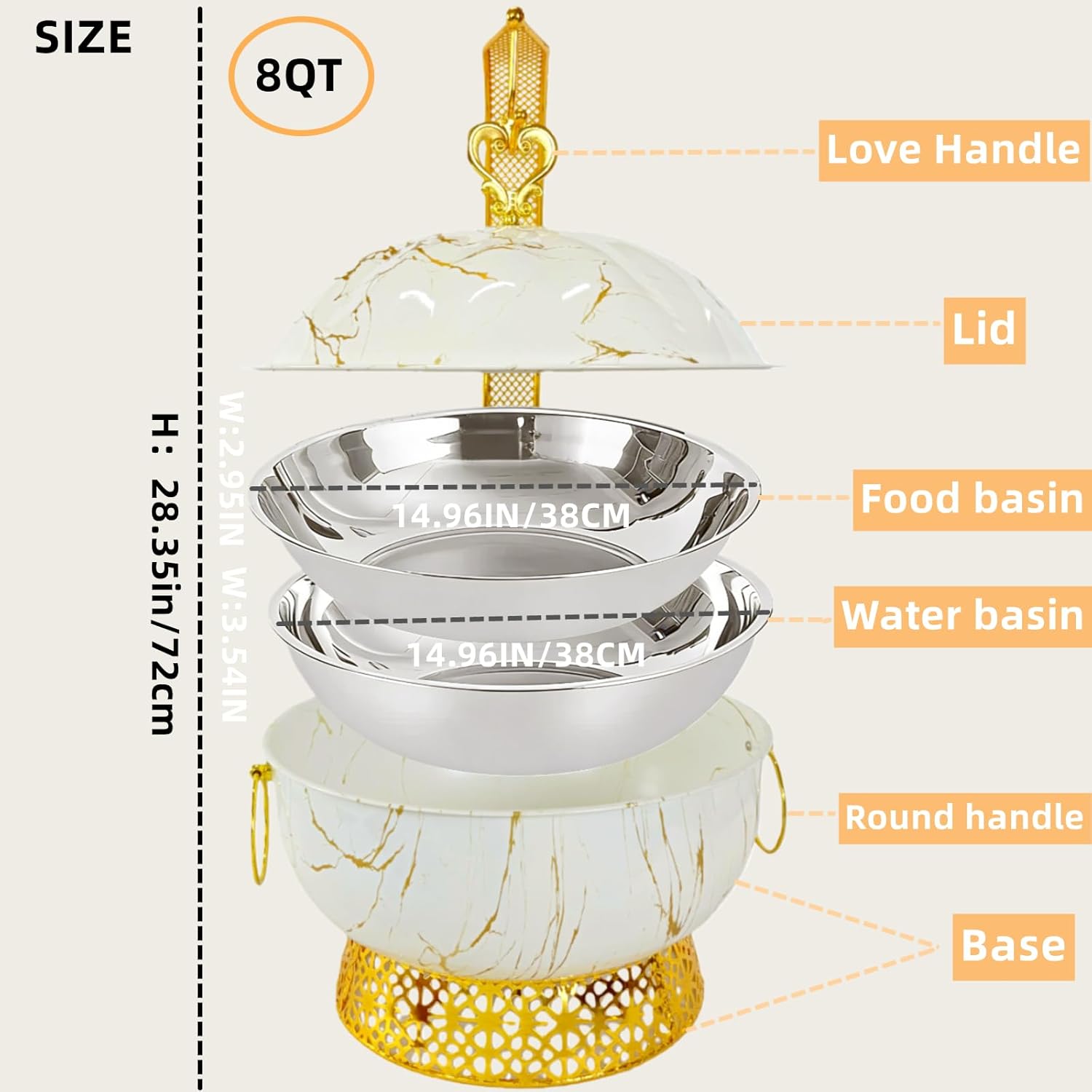 Round Chafing Dishes for Buffet 8 Pack, 8.5Qt /8L Stainless Steel Buffet Chafer, Hanging Lid Dining Stove, Buffet Server and Warmer Set, Countertop Warming Tray for Parties (Marble Color and Gold) 8