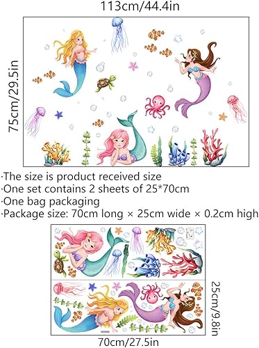 Miniatura 2 de Pegatinas de pared de sirena, peces de océano, calcomanías de pared de medusas, coral, bajo el mar, animales, papel tapiz para niñas, dormitorio,