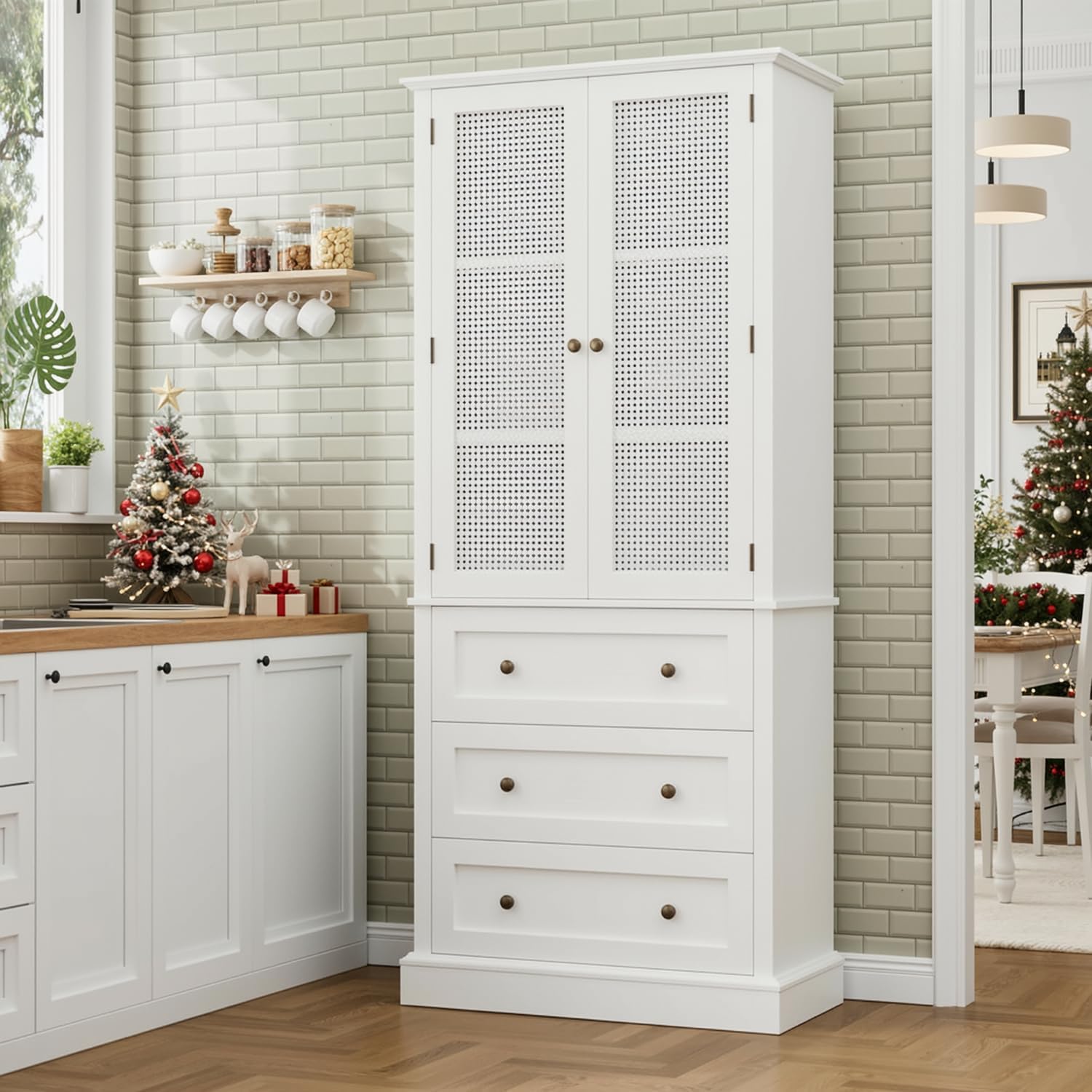 FACBOTALL 73" Tall Kitchen Pantry, Rattan Doors Pantry Cabinet with 3 Drawers and Adjustable Shelf, Large Wood Storage Cabinet, Rustic Wood Cupboard for Kitchen, Dining Room, Bathroom, White