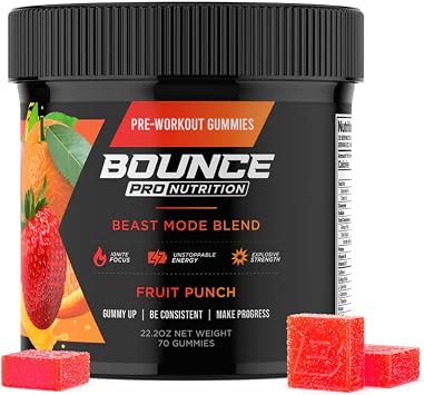 Bounce Pro Pre Beast Mode Workout Gummies with 320mg Caffeine, Beta-Alanine & L-Tyrosine for Energy, Focus & Training Intensity 70 Count Pack of 1, Fruit Punch