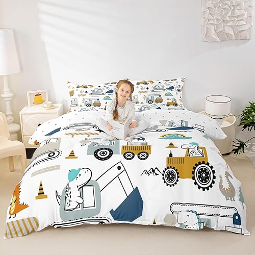 Miniatura 4 de Juego de funda de edredón de construcción, tamaño matrimonial, para niños, niñas, decoración de dinosaurios, juego de funda de edredón con estampado