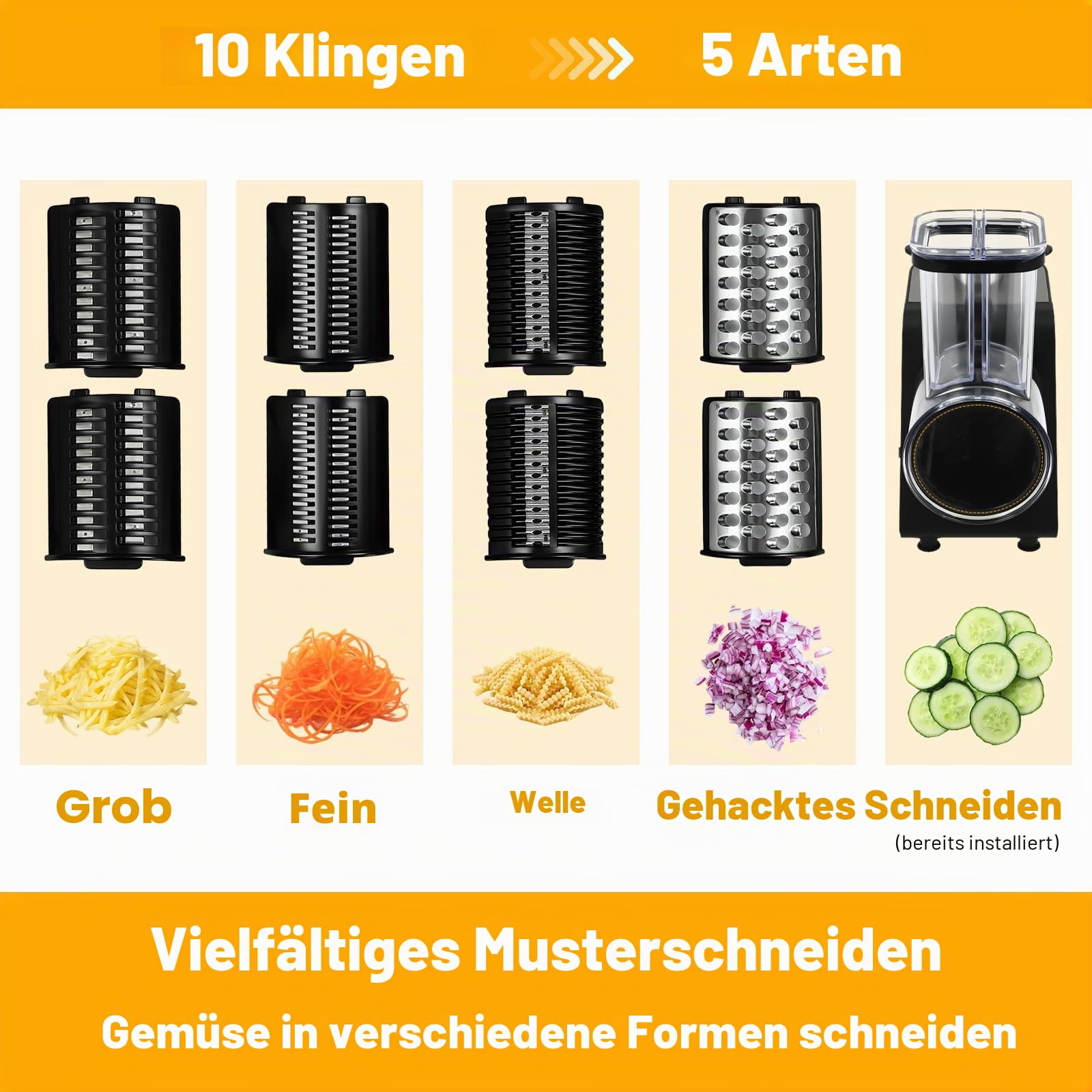 1000W Gemüseschneider Elektrisch mit 10 Ersatzklingen, 5 in 1 Elektrischer Gemüsehobel Küchenreibe Gemüsereibe Gemüsehobel Allesschneider Multiraffel Schneidemaschine Zum Zerkleinern und Schneiden