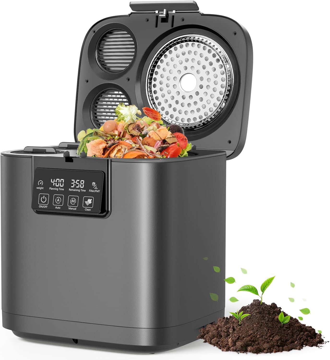 Electric Kitchen Composter, 4L Large Capacity Smart Indoor Compost Bin with Timer Display, 2 Detachable Carbon Filter, Compost Machine Odorless for Countertop, Turn Waste into Natural Fertilizer,Grey Gray