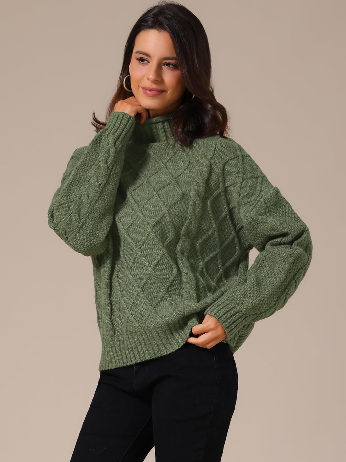 Allegra K Women's Cable Knit Sweaters Loose Fit Tops Turtleneck Long Sleeves Pullover Casual Outfits Fashion Clothes - Image 2