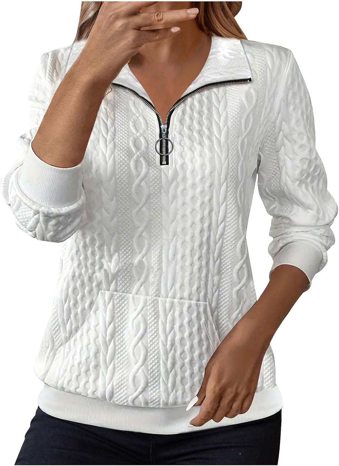 Women's Quilted Sweatshirts Zipper Neck Long Sleeve Textured Solid Casual Loose Fashion Fall Pullover Top