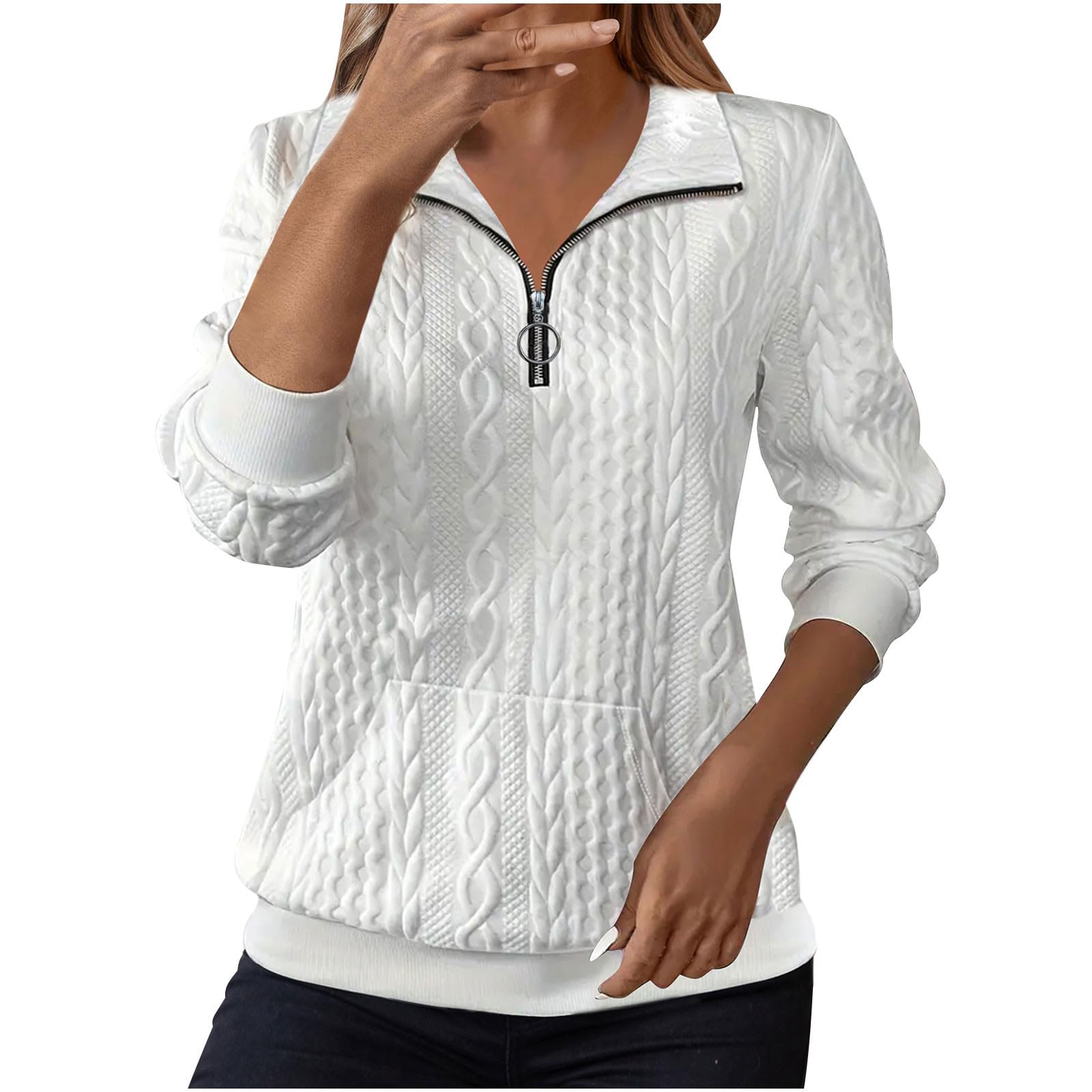 Sweat Femme Décontracté Pull Femme Col Montant avec Fermeture Éclair Haut Ample À Manches Longues Couleur Unie Jacquard Sweatshirt avec Poche Confortable Sport Top Blouse Automne Et Hiver