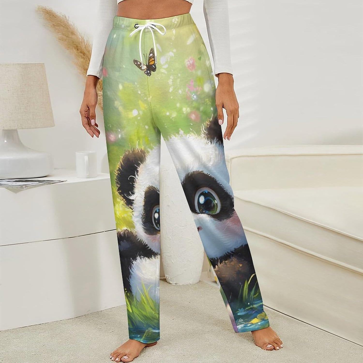 Cute Panda Butterflies Print Women's Pajamas Flannel Pajama Pant Lounge Bottoms Sleepwear Nightwear for Home