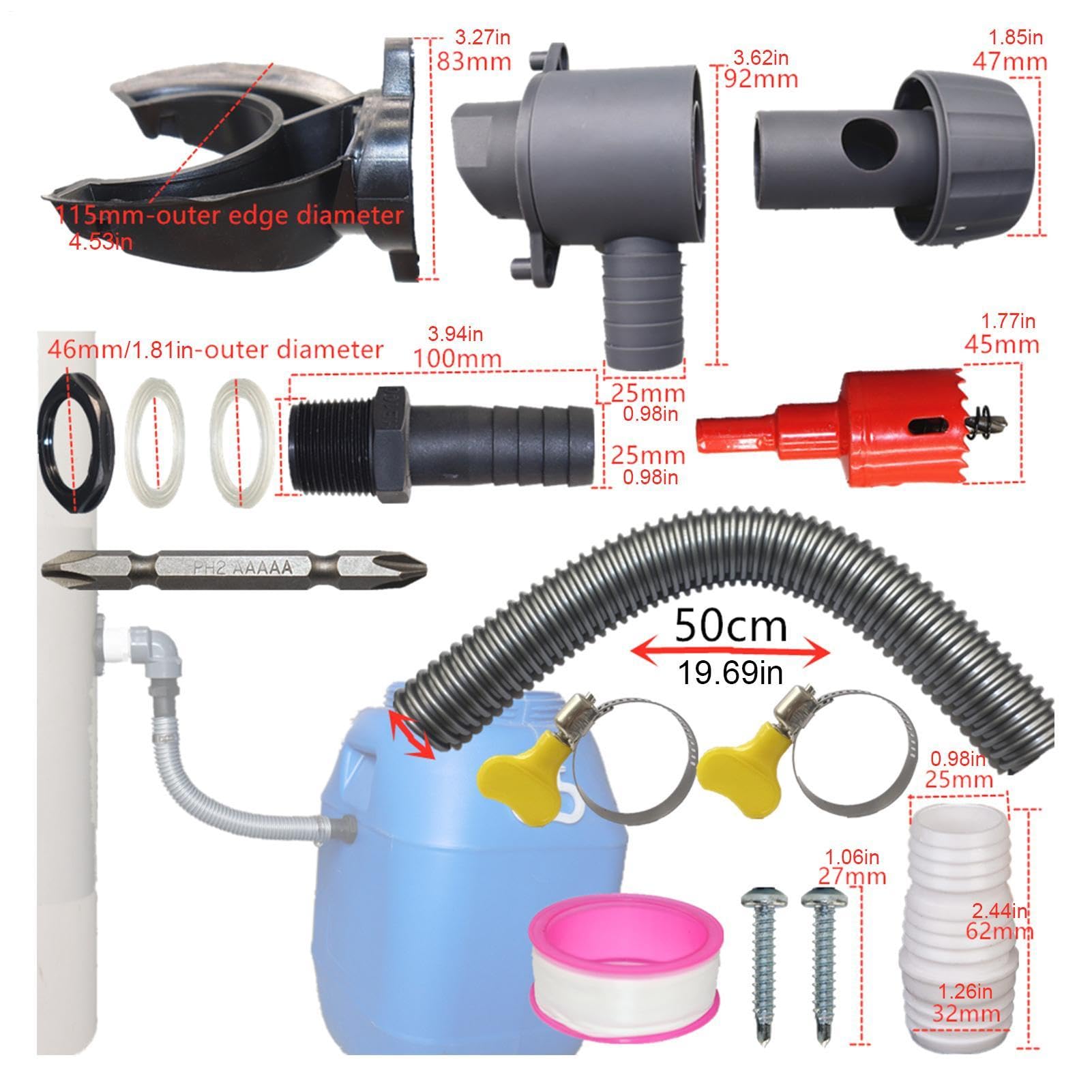 Regenwasserumsteller für Fallrohr | wetterfest mit flexibler Schlauchfiltration | Regenfass Dachrinnenumsteller-Set | für Wasserfilterung im Freien, verzinktes PVC PE und Kupferrohre